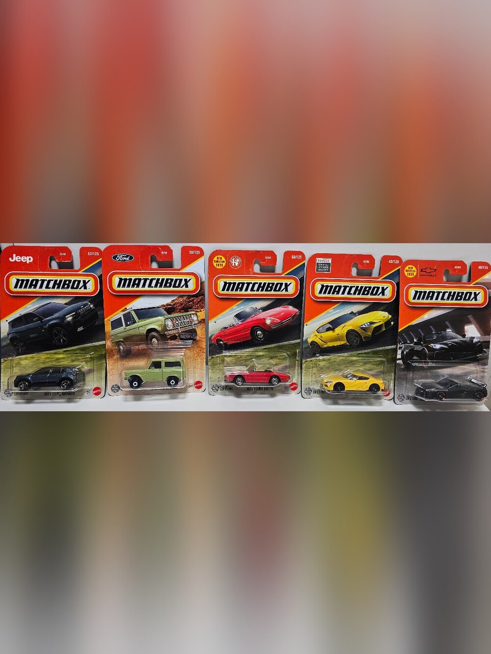 Matchbox 5 Car Lot Toyota Supra Corvette Ford Bronco Alfa Romeo Jeep New